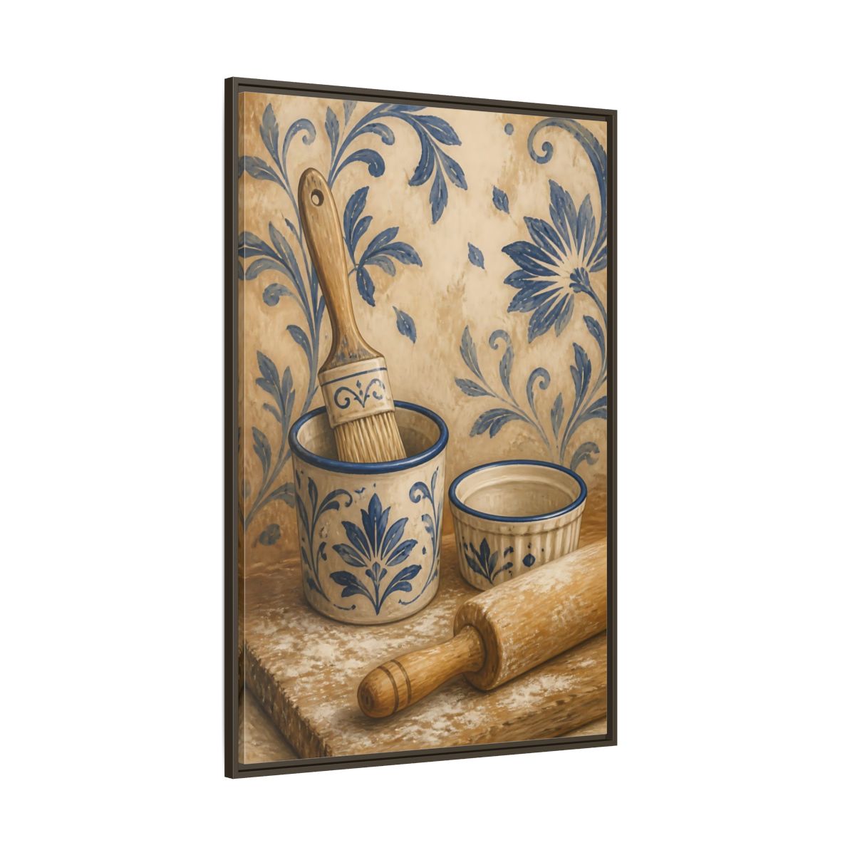 Side Mockup 8. Vintage Baking Tools Blue And Beige Kitchen shown as framed canvas print