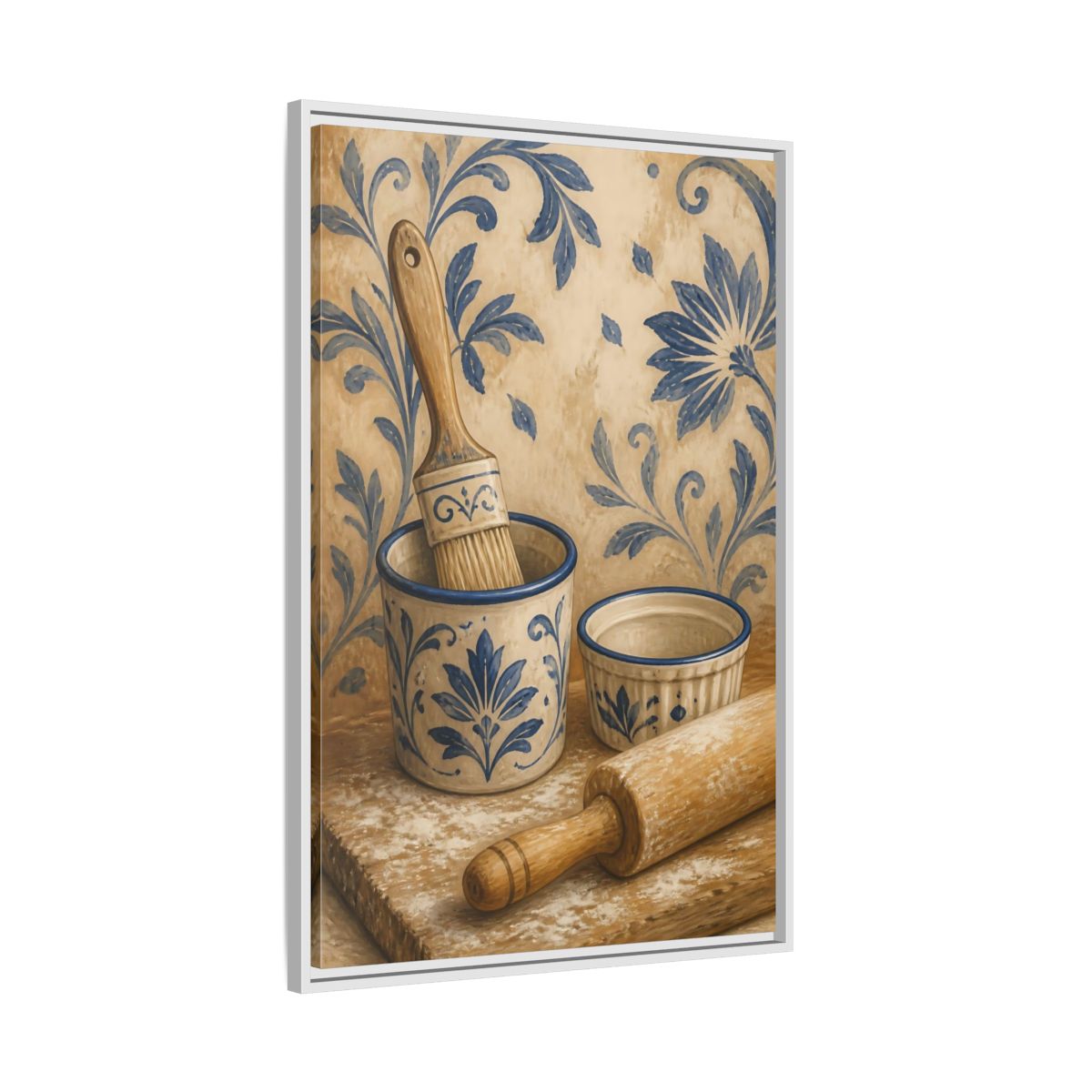 Side Mockup 9. Vintage Baking Tools Blue And Beige Kitchen shown as framed canvas print