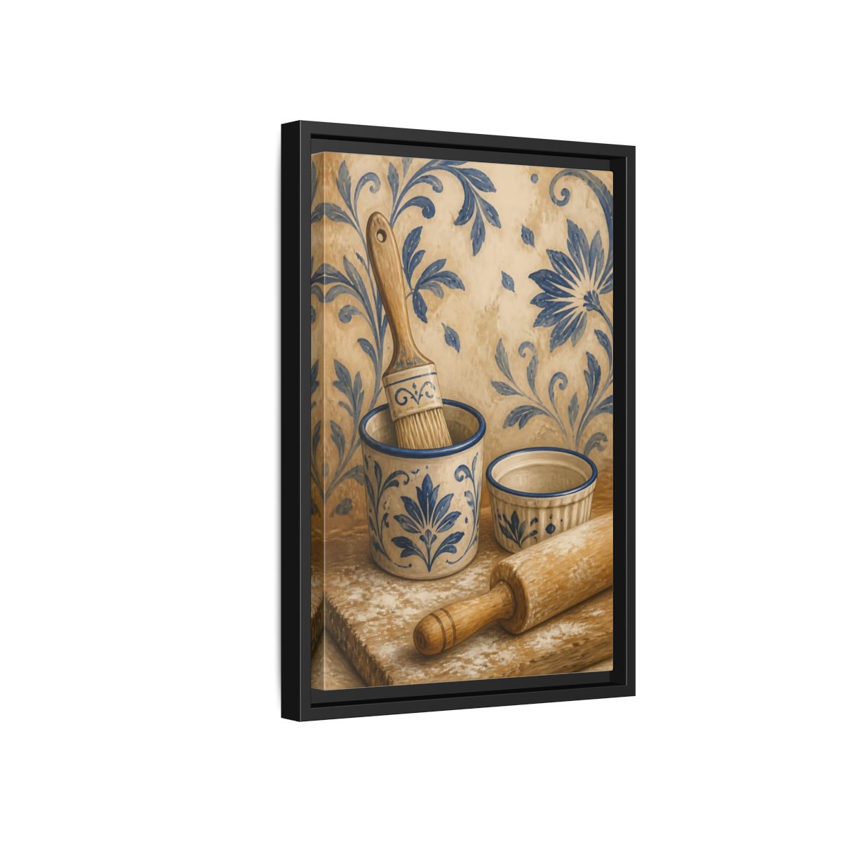 Side Mockup 6. Vintage Baking Tools Blue And Beige Kitchen shown as framed canvas print