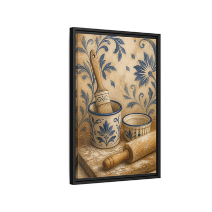 Side Mockup 3. Vintage Baking Tools Blue And Beige Kitchen shown as framed canvas print