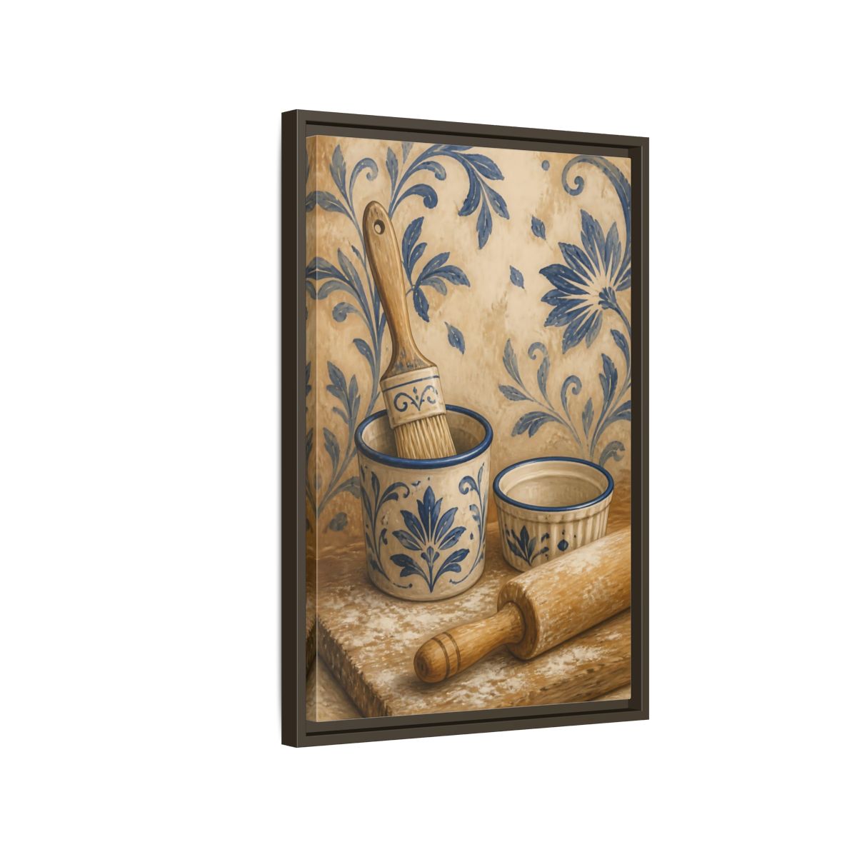 Side Mockup 2. Vintage Baking Tools Blue And Beige Kitchen shown as framed canvas print