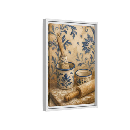 Side Mockup 4. Vintage Baking Tools Blue And Beige Kitchen shown as framed canvas print
