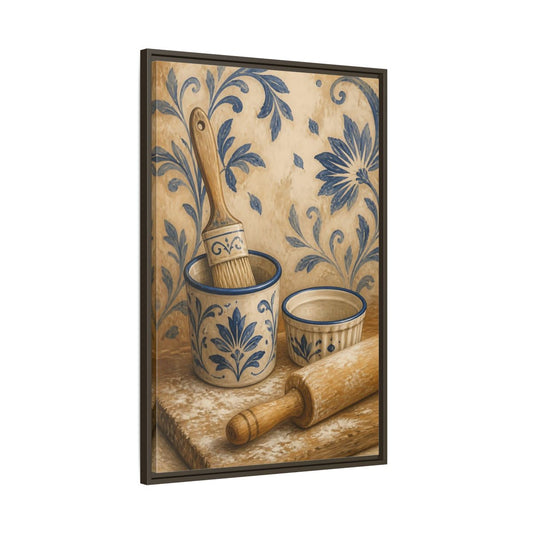 Main Mockup. Vintage Baking Tools Blue And Beige Kitchen shown as framed canvas print