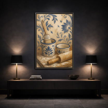 Mockup 2. Vintage Baking Tools Blue And Beige Kitchen shown as framed canvas print
