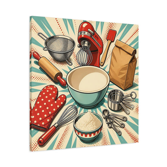 Main Mockup. Vintage Baking Tools Red And Teal Baking shown as stretched canvas wall art