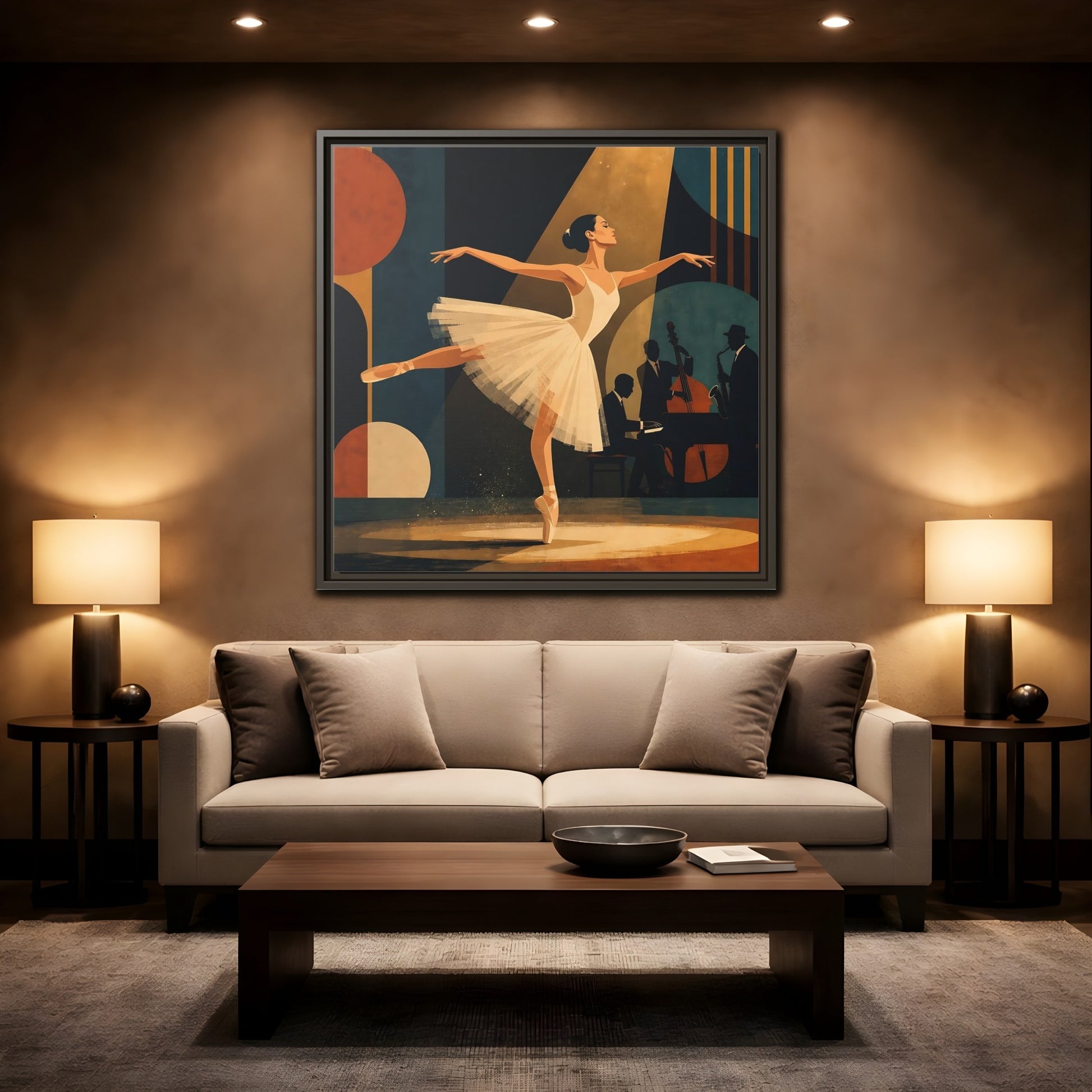 Mockup 2. Vintage Ballerina Ballerina Jazz shown as framed canvas print