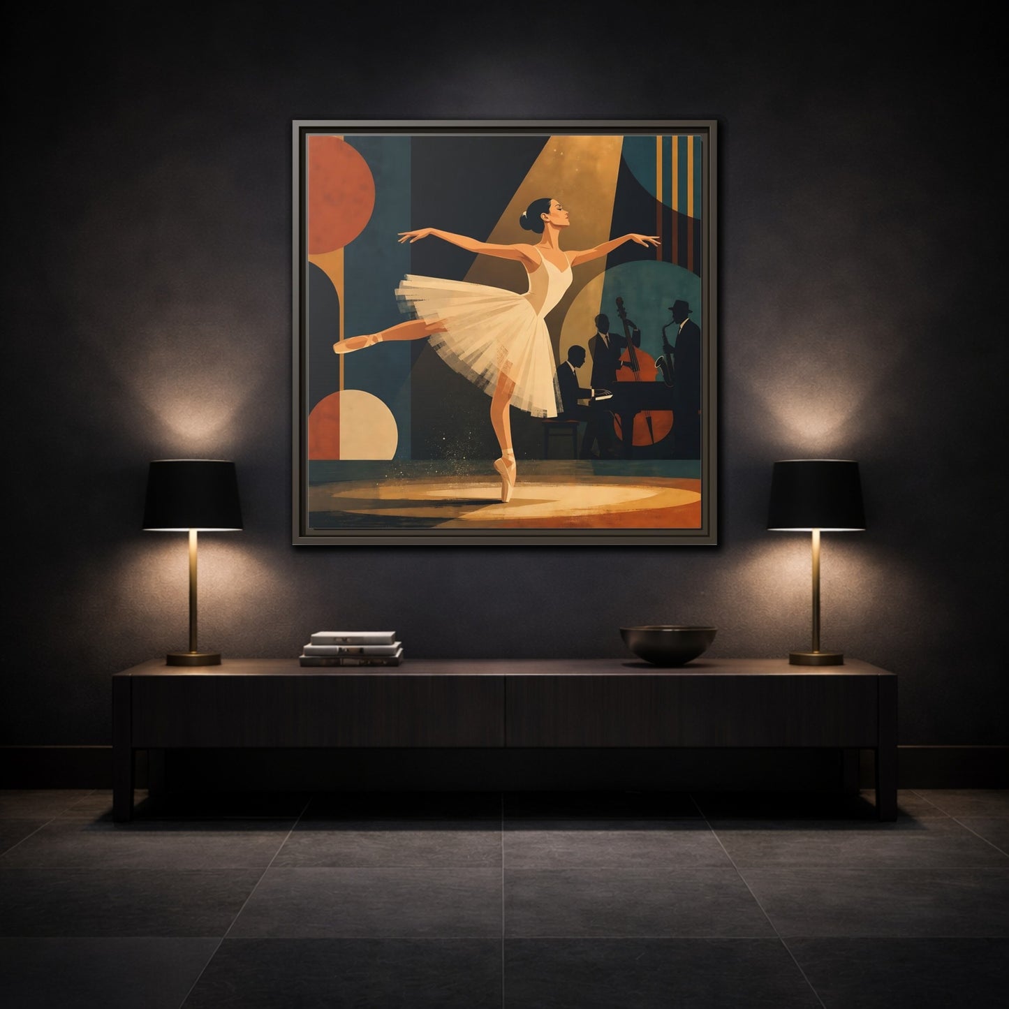 Mockup 3. Vintage Ballerina Ballerina Jazz shown as framed canvas print