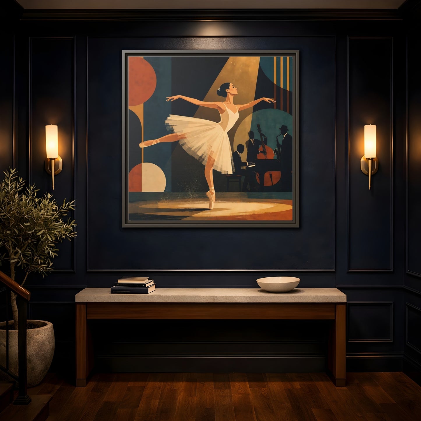 Mockup 4. Vintage Ballerina Ballerina Jazz shown as framed canvas print