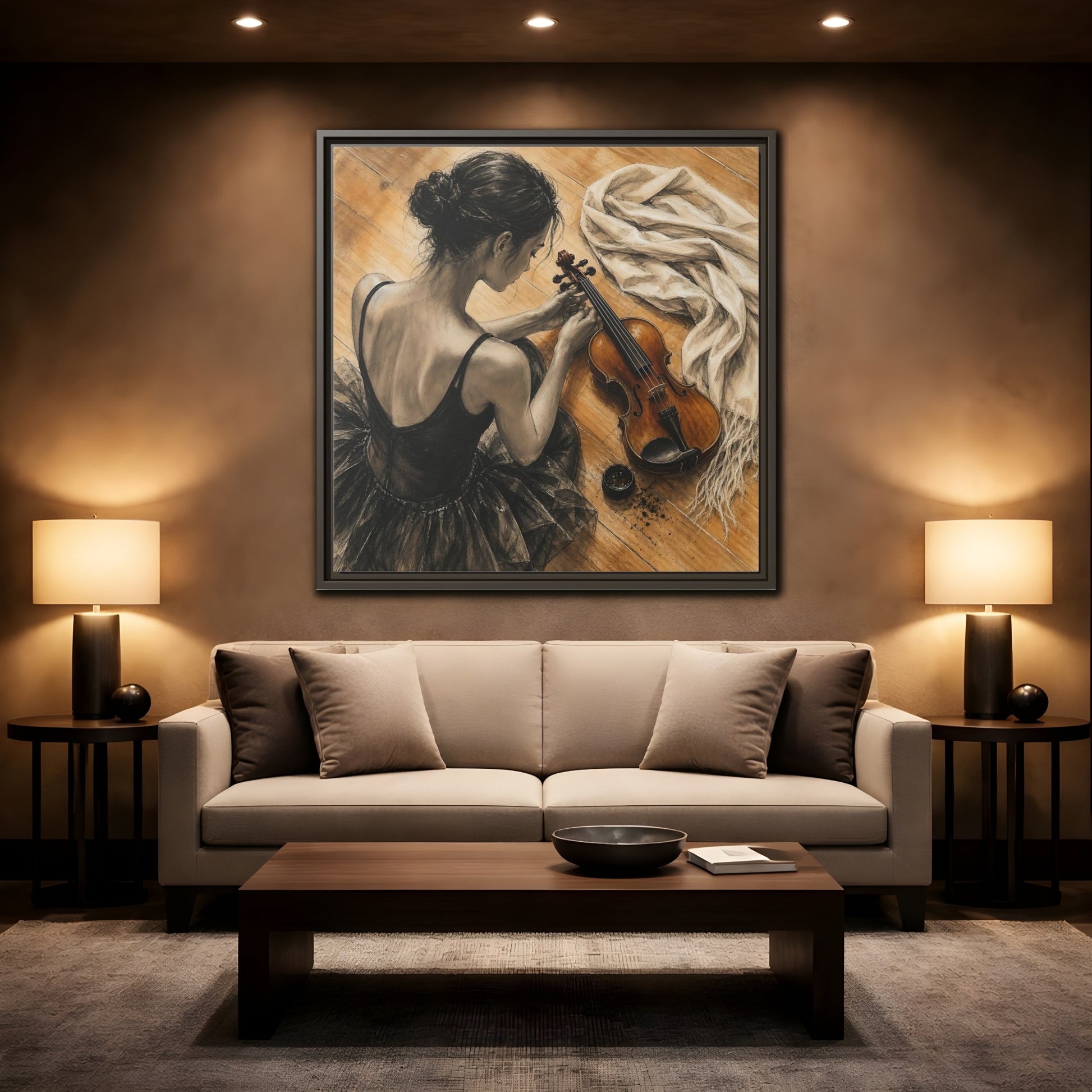 Mockup 2. Vintage Ballerina Grayscale Brown Ballerina shown as framed canvas print