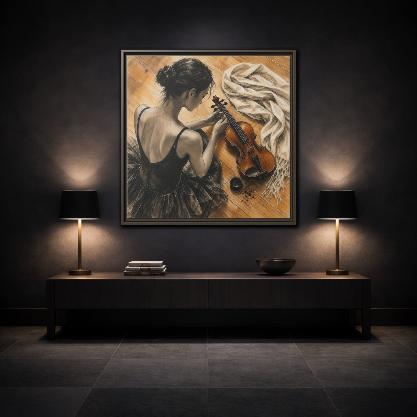 Mockup 3. Vintage Ballerina Grayscale Brown Ballerina shown as framed canvas print