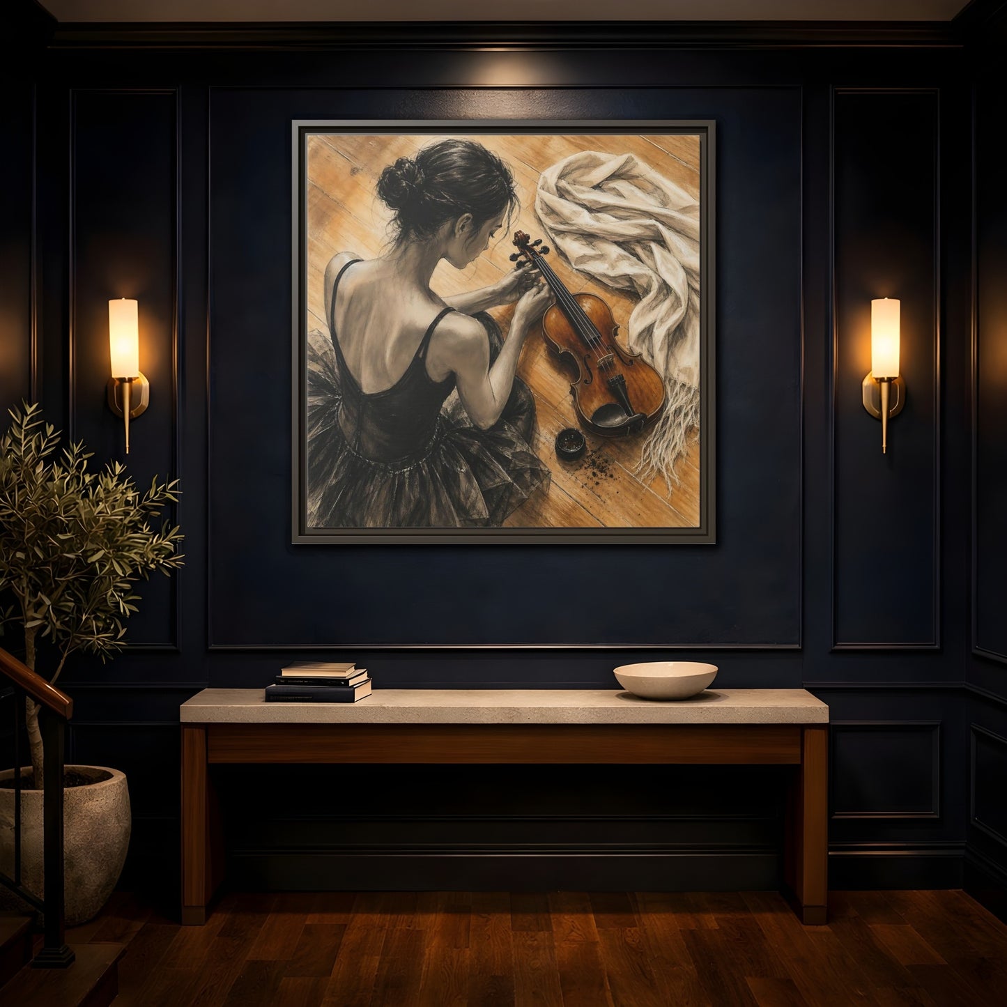 Mockup 4. Vintage Ballerina Grayscale Brown Ballerina shown as framed canvas print