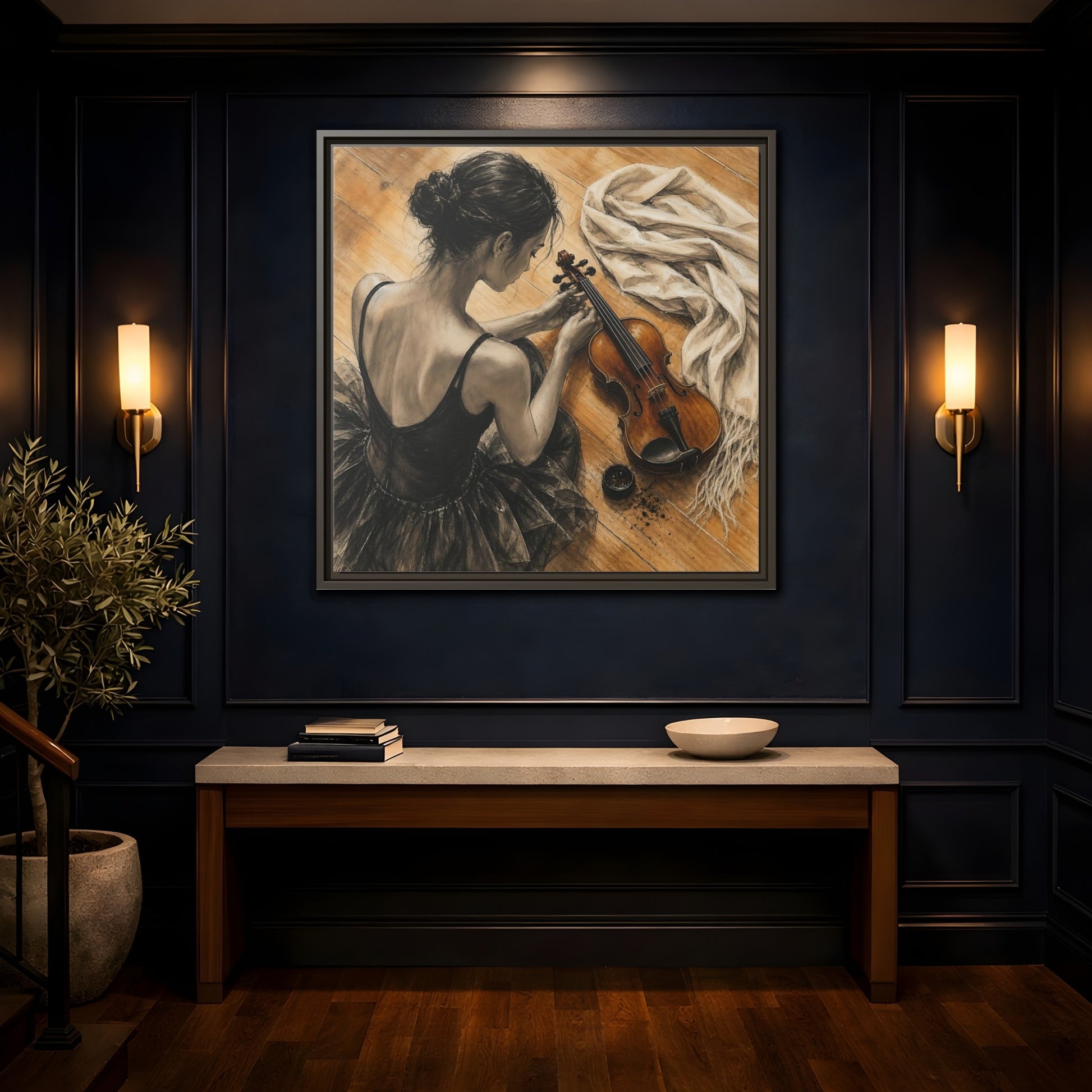Mockup 4. Vintage Ballerina Grayscale Brown Ballerina shown as framed canvas print