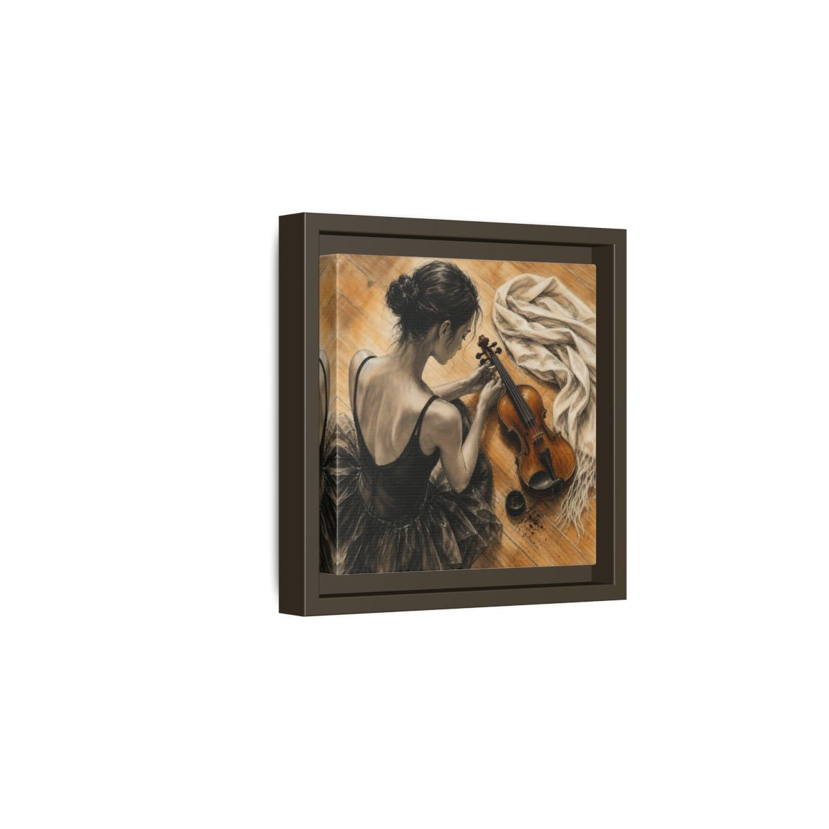 Side Mockup 2. Vintage Ballerina Grayscale Brown Ballerina shown as framed canvas print