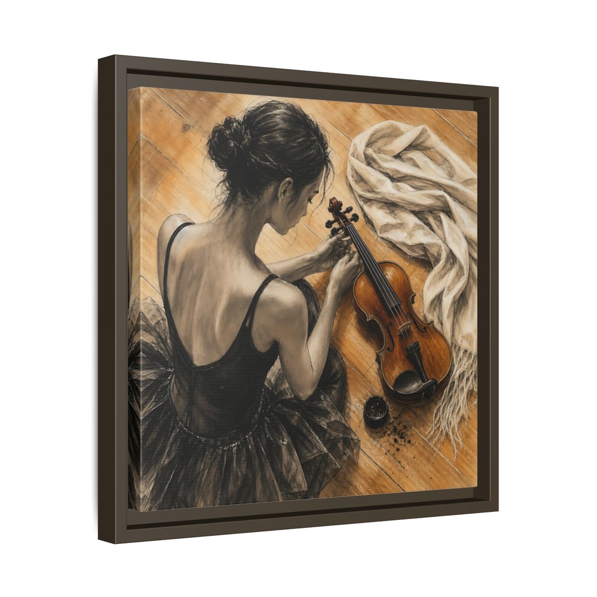 Side Mockup 29. Vintage Ballerina Grayscale Brown Ballerina shown as framed canvas print