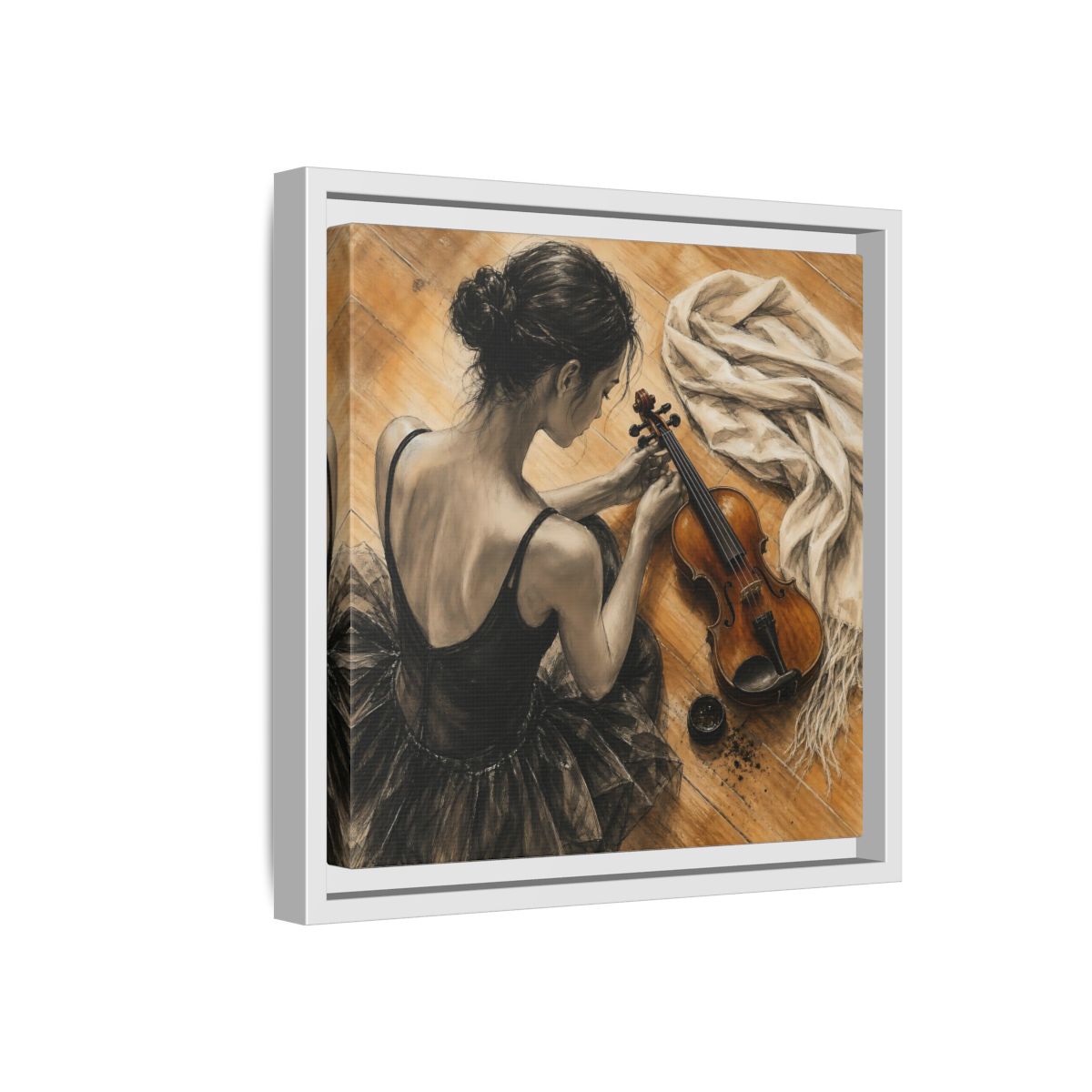 Side Mockup 16. Vintage Ballerina Grayscale Brown Ballerina shown as framed canvas print
