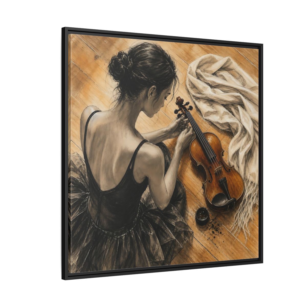 Side Mockup 6. Vintage Ballerina Grayscale Brown Ballerina shown as framed canvas print