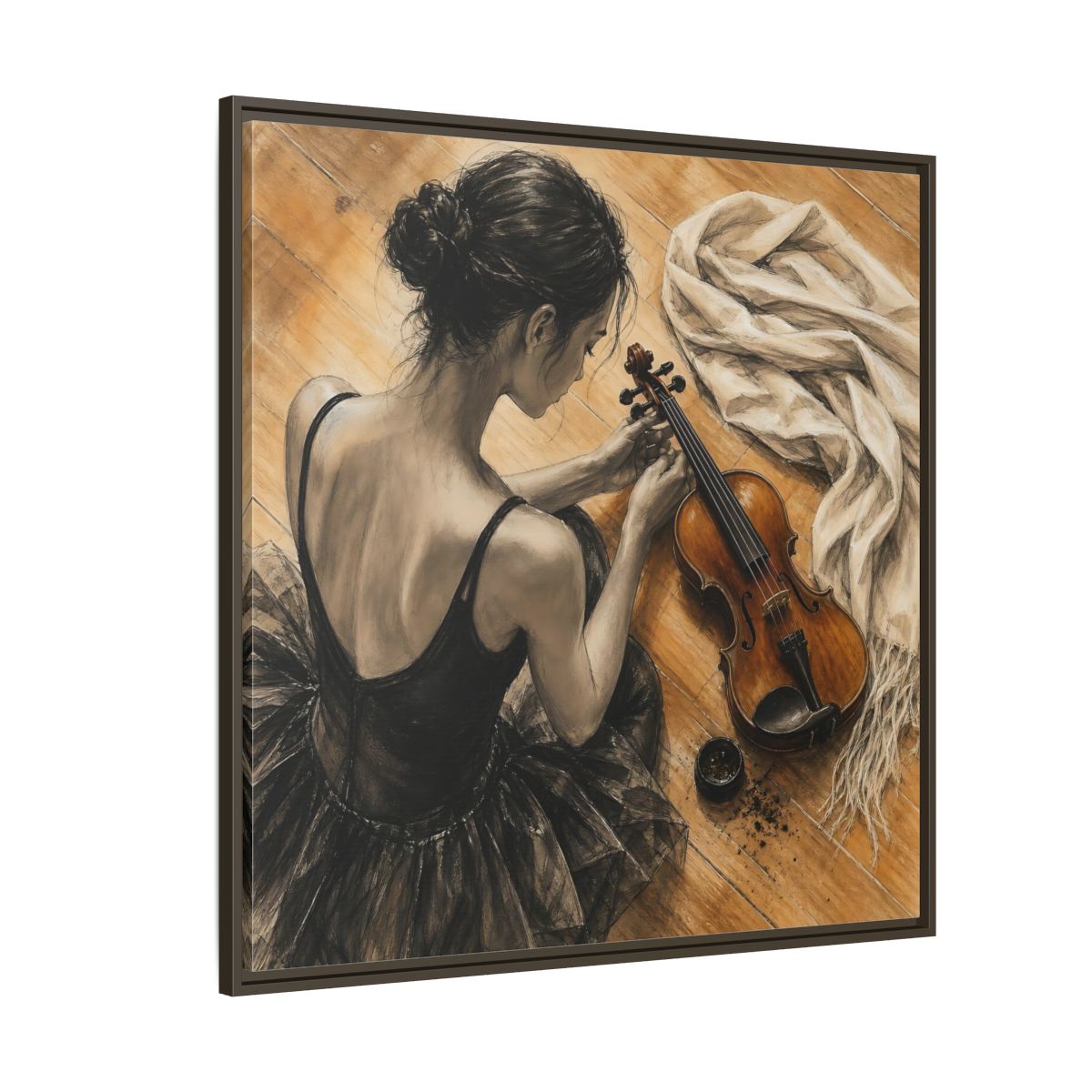 Side Mockup 5. Vintage Ballerina Grayscale Brown Ballerina shown as framed canvas print