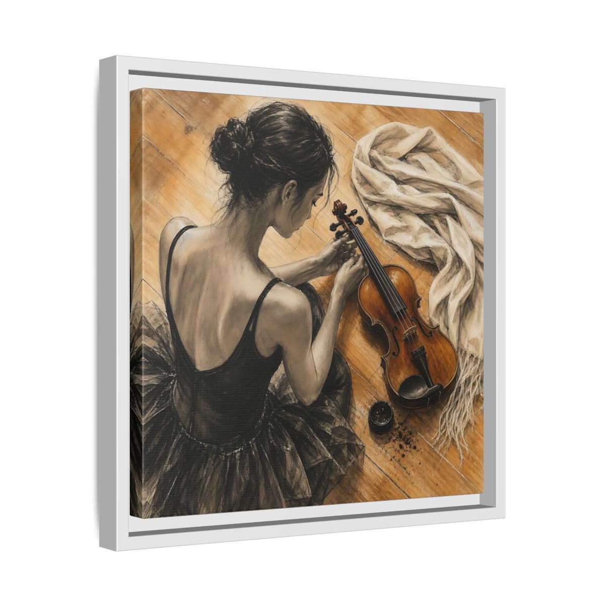 Side Mockup 28. Vintage Ballerina Grayscale Brown Ballerina shown as framed canvas print