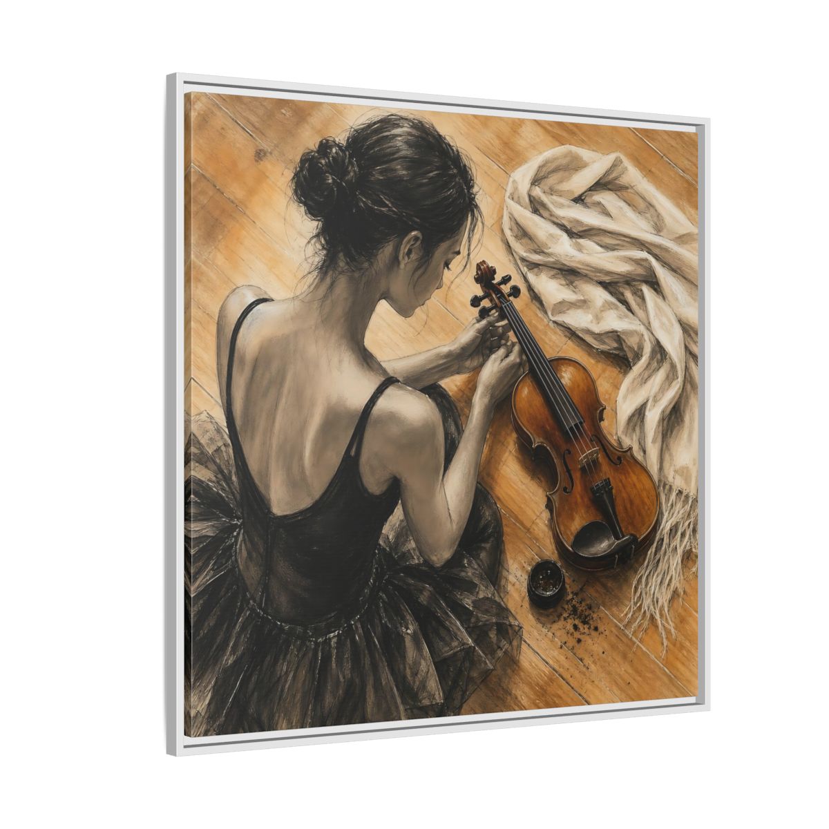 Side Mockup 4. Vintage Ballerina Grayscale Brown Ballerina shown as framed canvas print