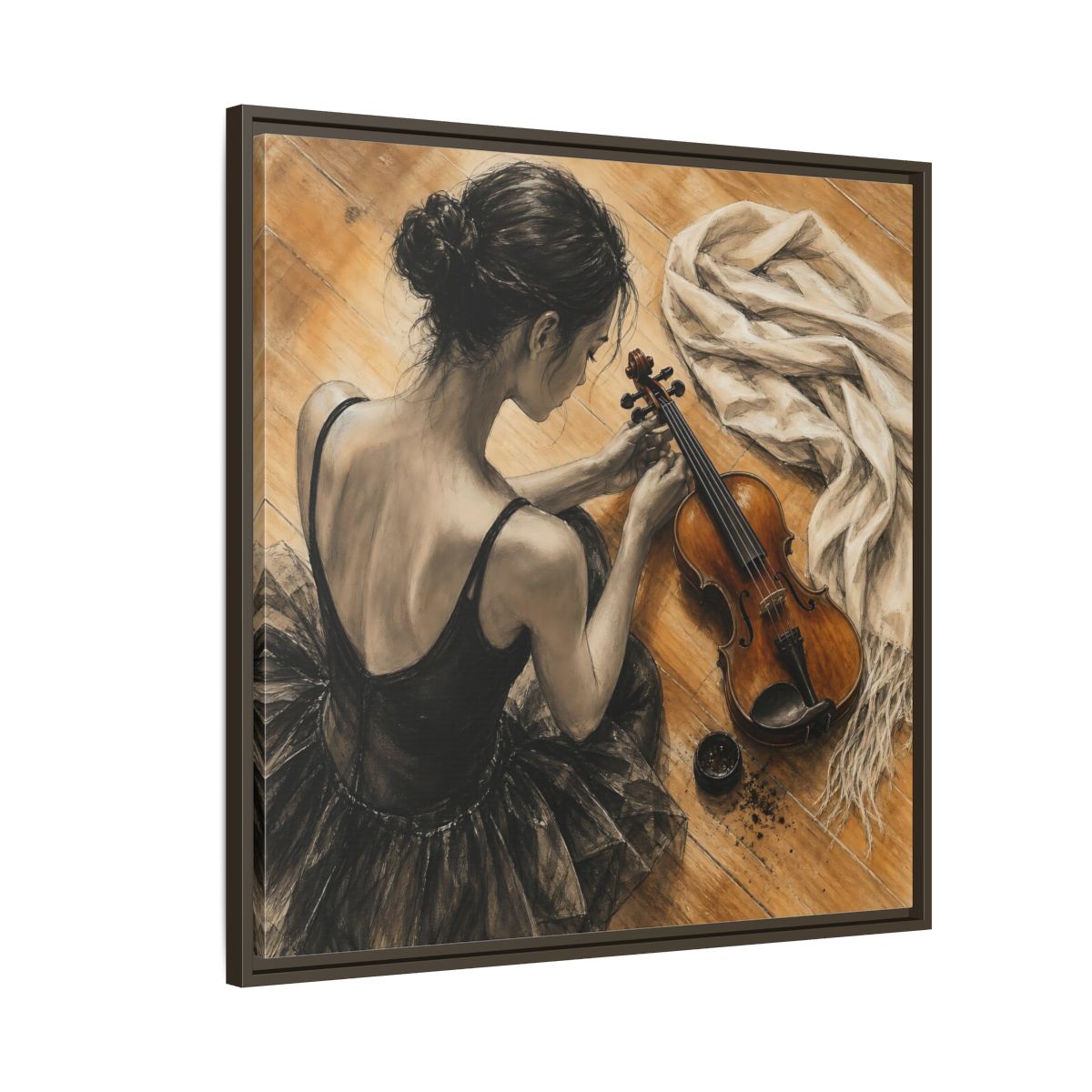 Side Mockup 8. Vintage Ballerina Grayscale Brown Ballerina shown as framed canvas print