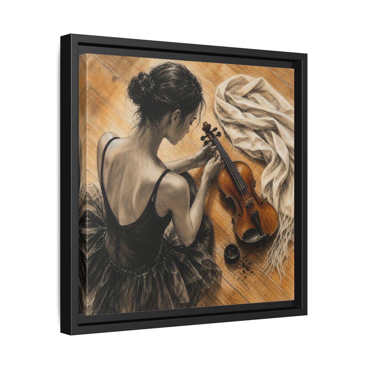Side Mockup 32. Vintage Ballerina Grayscale Brown Ballerina shown as framed canvas print