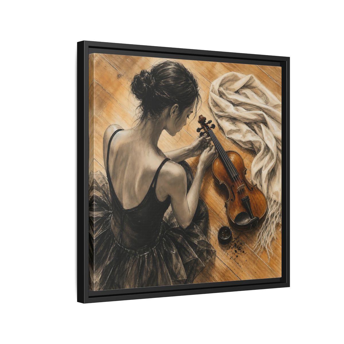 Side Mockup 12. Vintage Ballerina Grayscale Brown Ballerina shown as framed canvas print