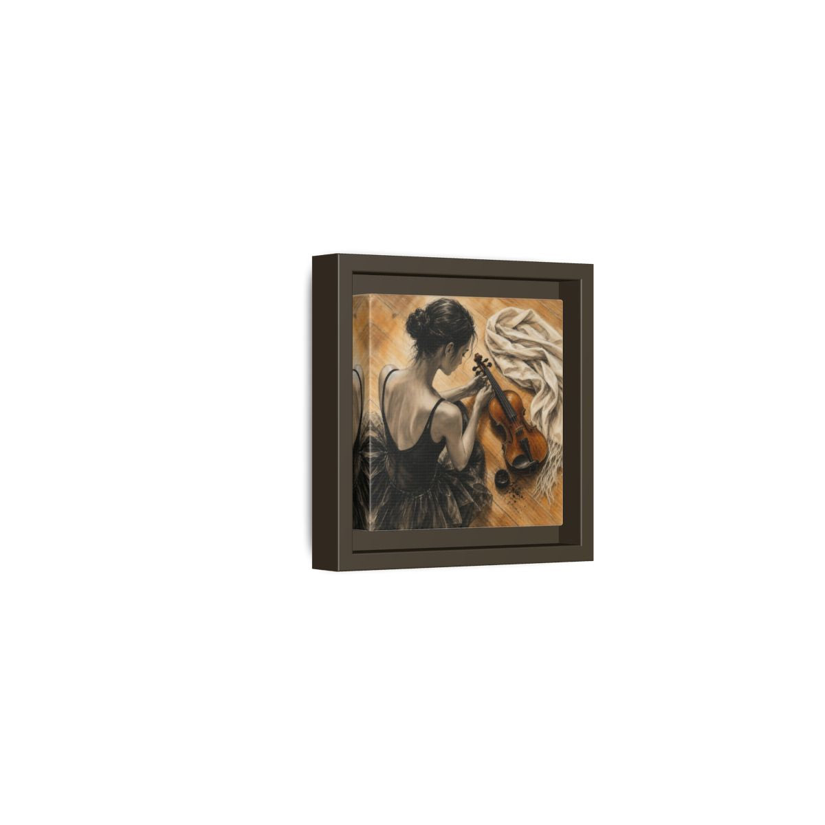 Side Mockup 23. Vintage Ballerina Grayscale Brown Ballerina shown as framed canvas print