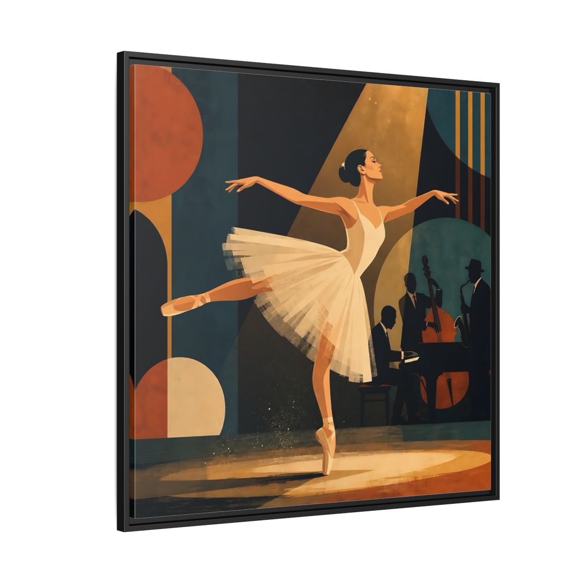 Side Mockup 6. Vintage Ballerina Ballerina Jazz shown as framed canvas print