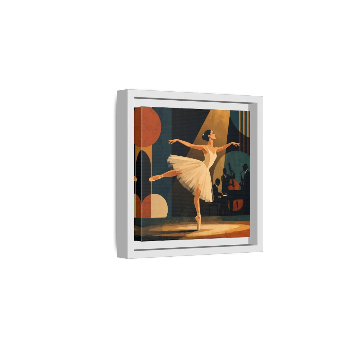 Side Mockup 1. Vintage Ballerina Ballerina Jazz shown as framed canvas print