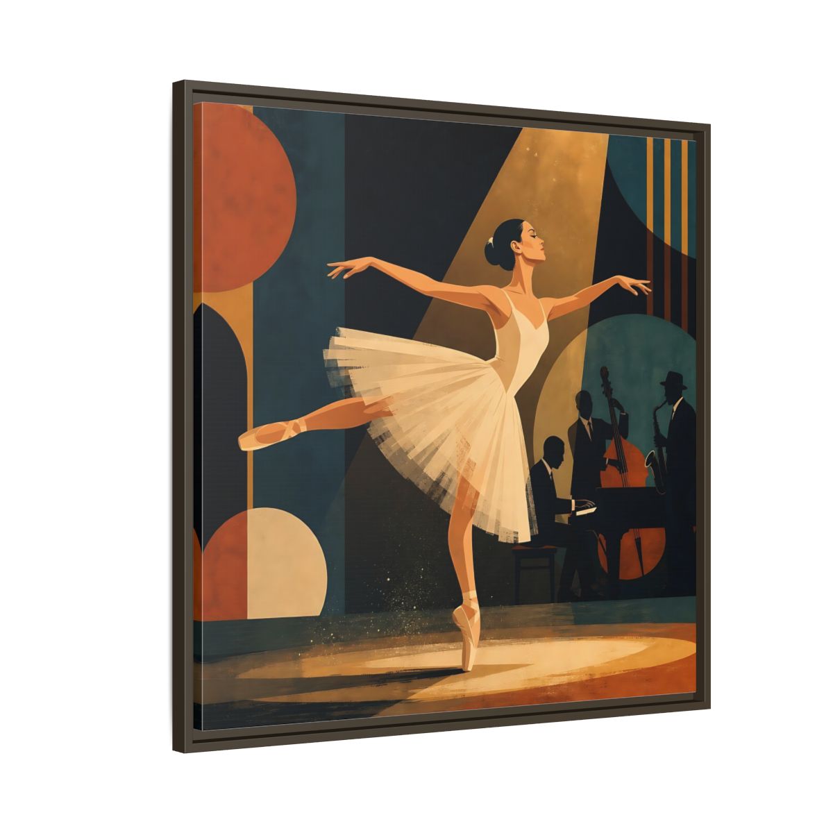 Side Mockup 8. Vintage Ballerina Ballerina Jazz shown as framed canvas print