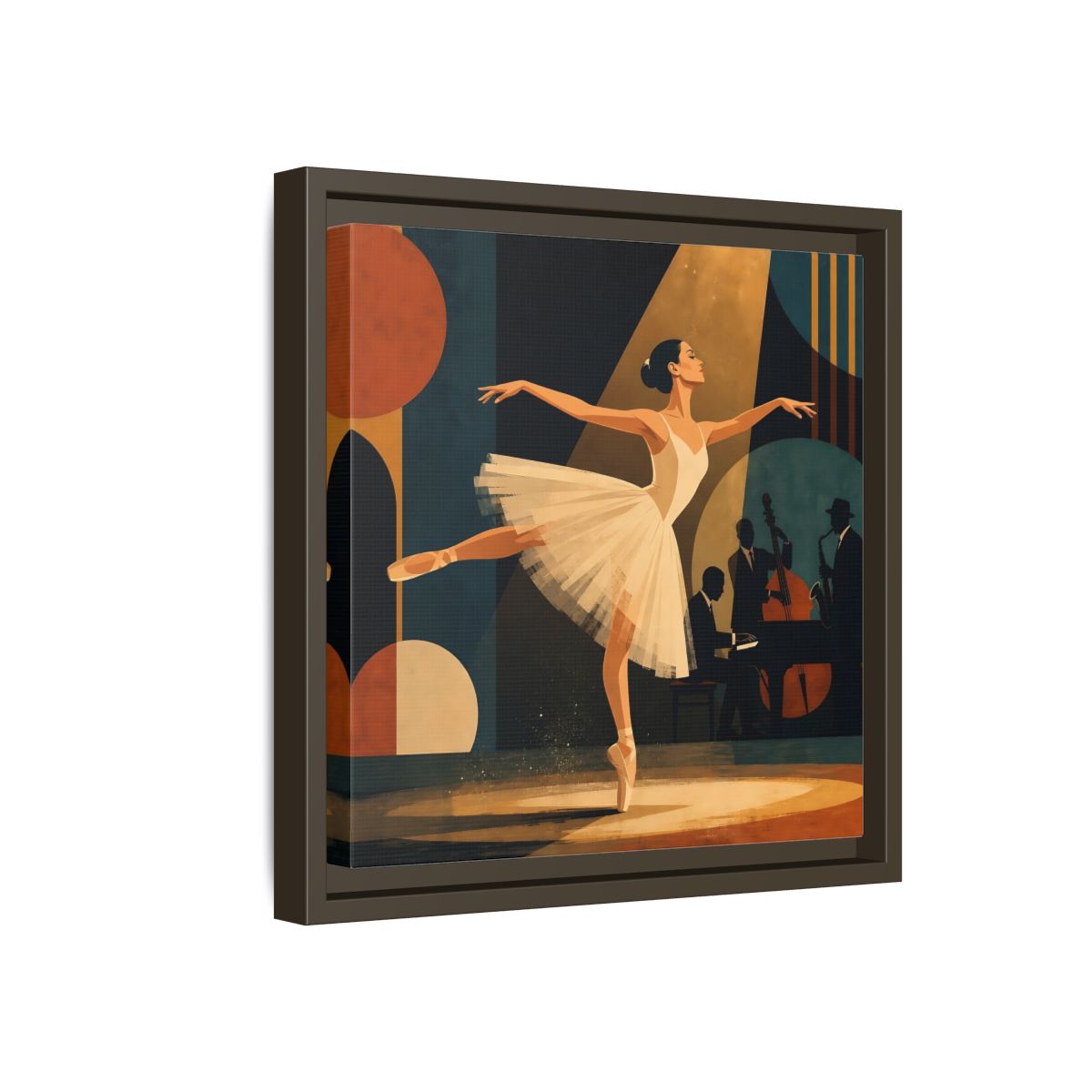 Side Mockup 17. Vintage Ballerina Ballerina Jazz shown as framed canvas print