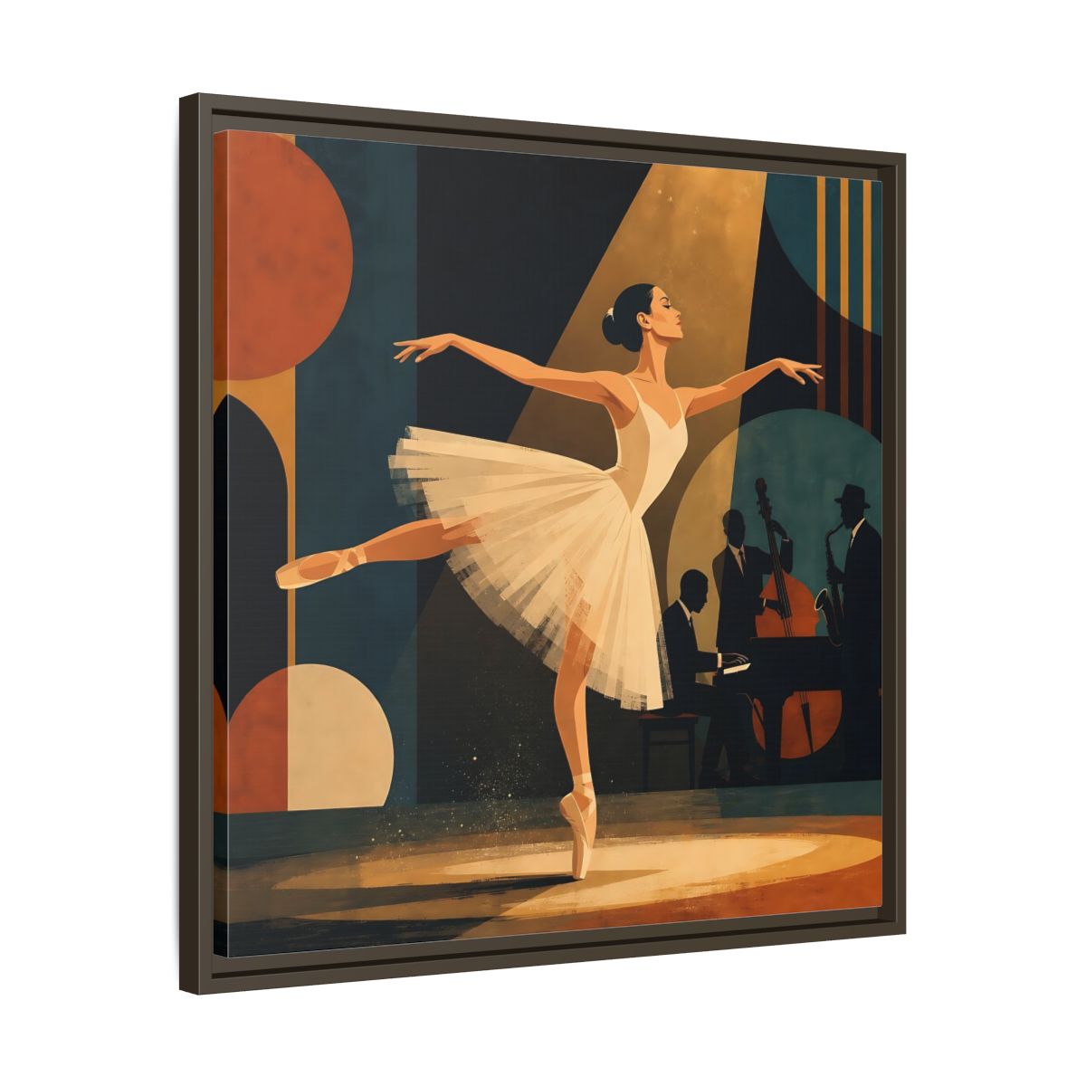 Side Mockup 27. Vintage Ballerina Ballerina Jazz shown as framed canvas print