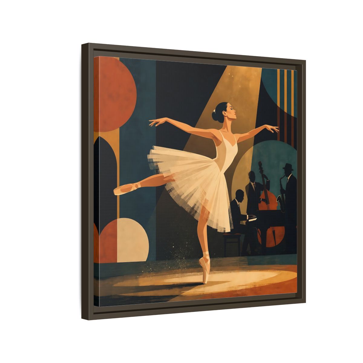 Side Mockup 11. Vintage Ballerina Ballerina Jazz shown as framed canvas print