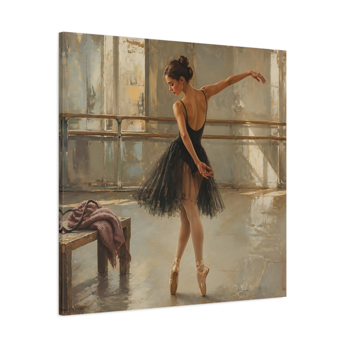 Side Mockup 1. Vintage Ballerina Muted Gold And Black shown as canvas print