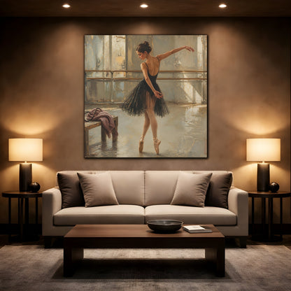 Mockup 2. Vintage Ballerina Muted Gold And Black shown as canvas print