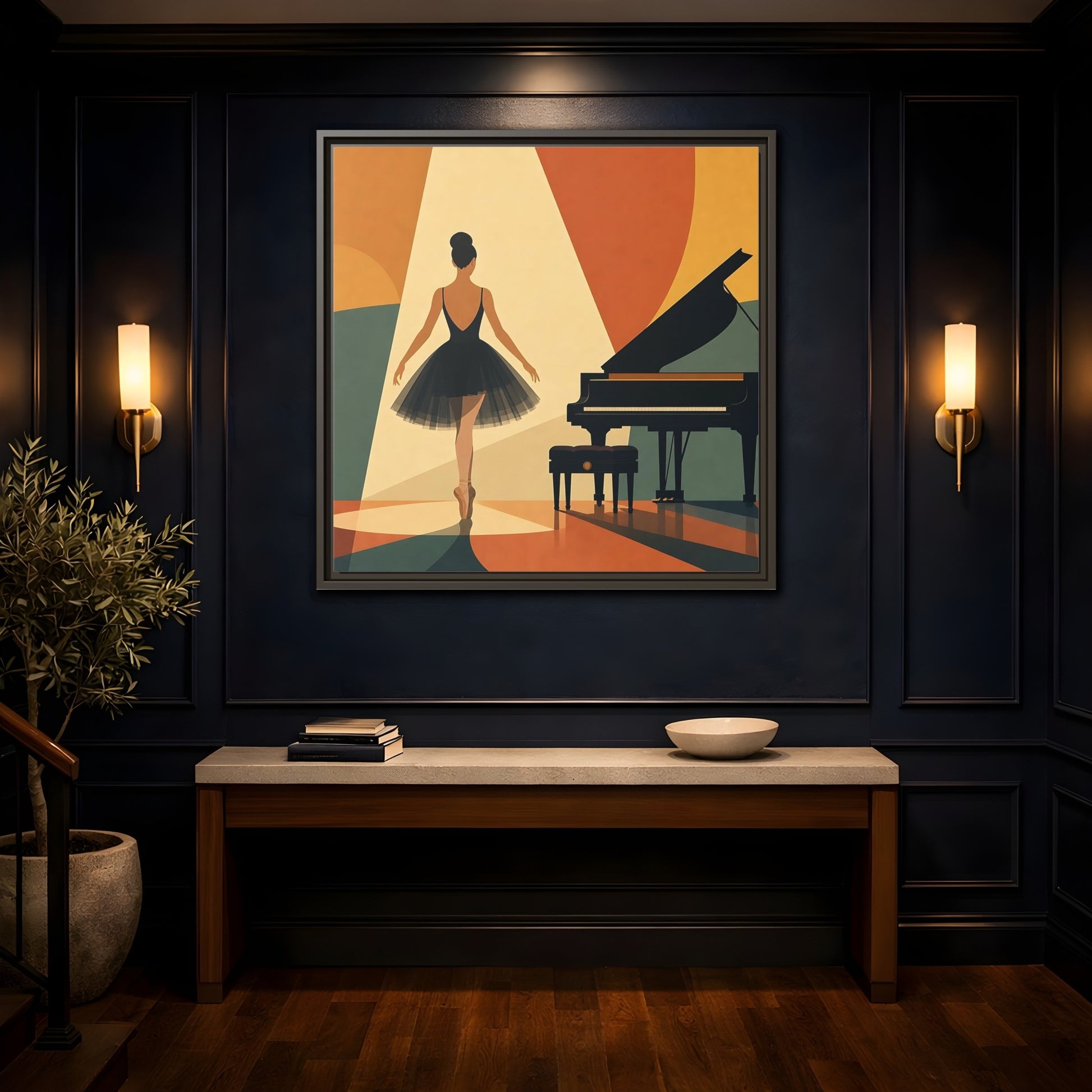 Mockup 4. Vintage Ballerina Orange Blue Ballerina shown as framed canvas print
