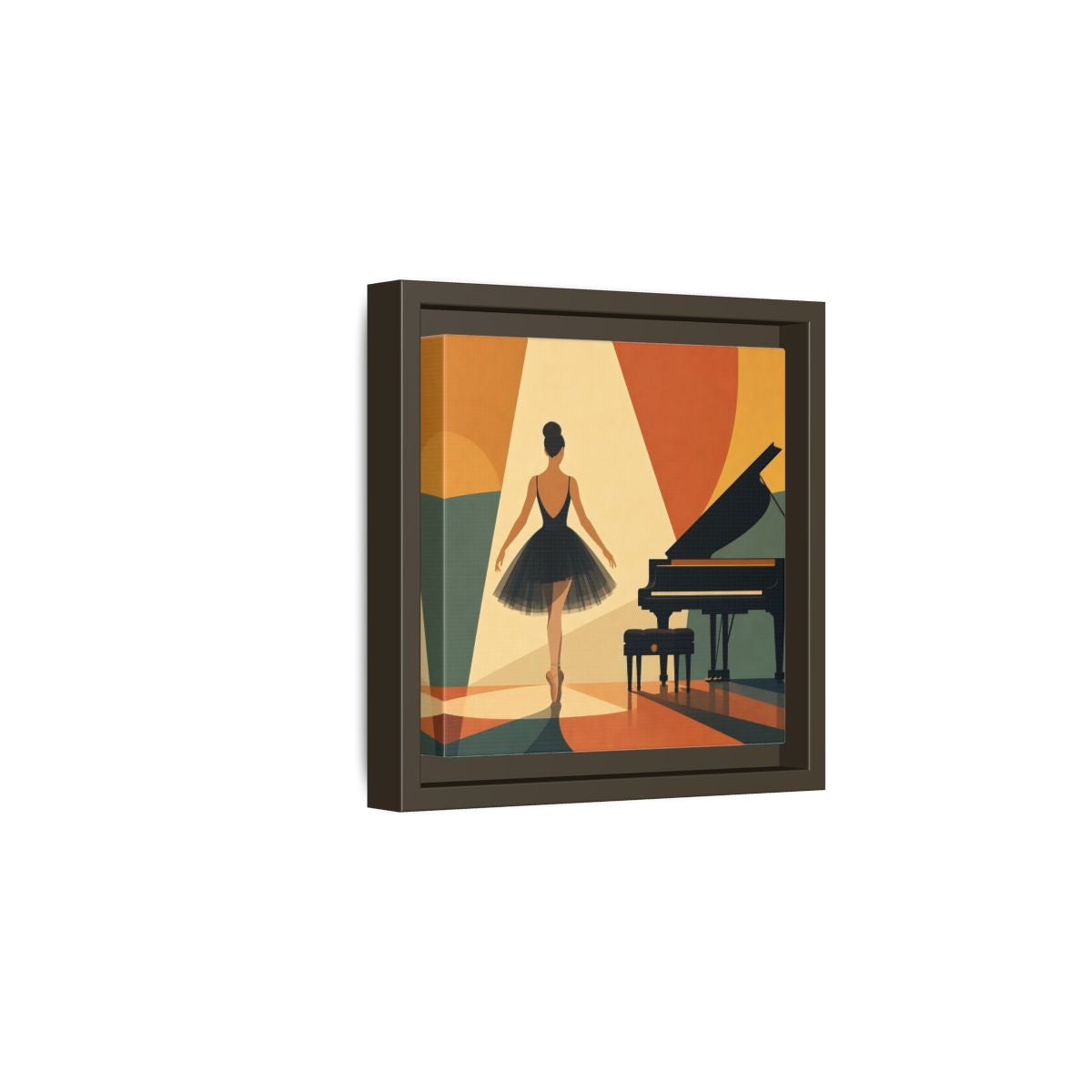 Side Mockup 2. Vintage Ballerina Orange Blue Ballerina shown as framed canvas print