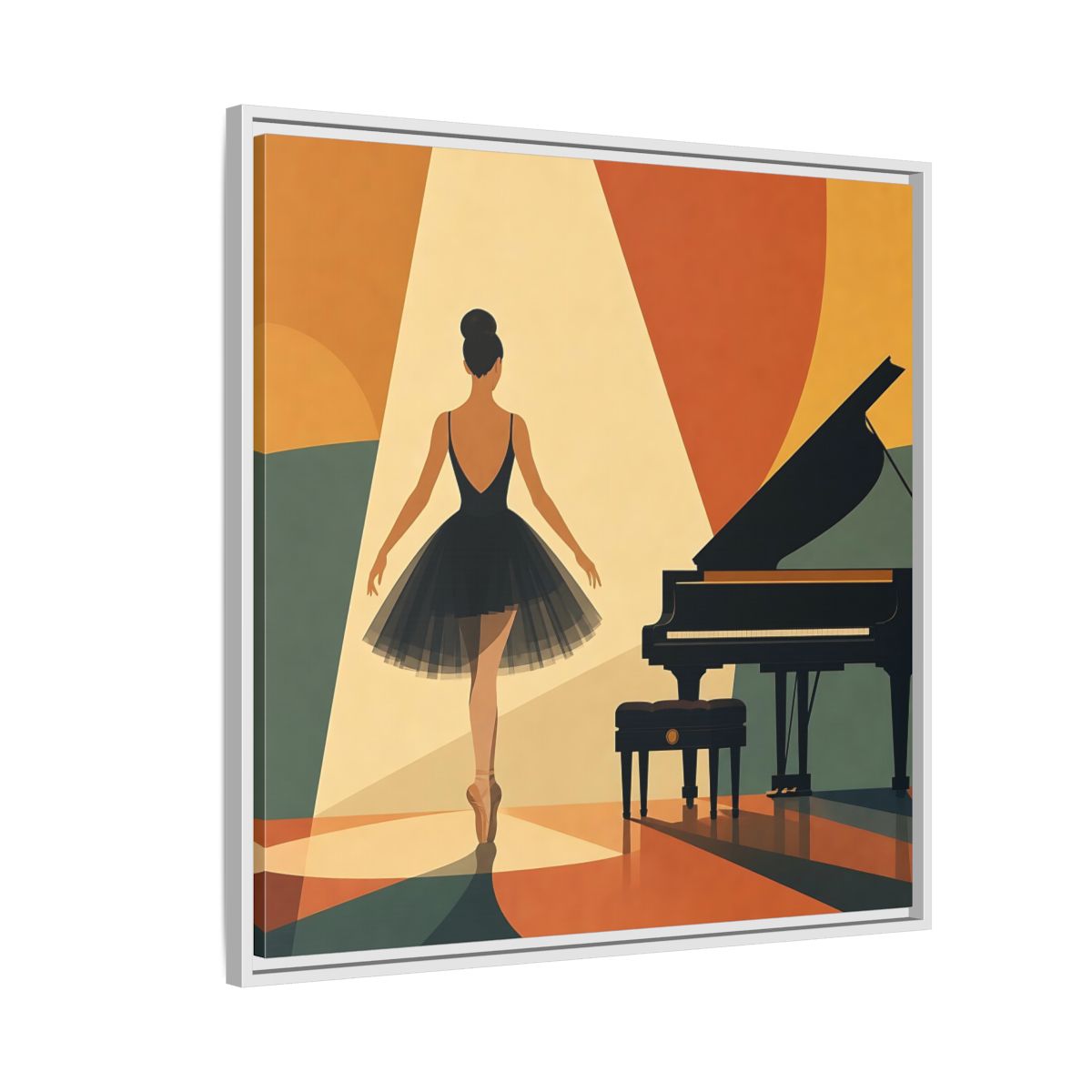 Side Mockup 7. Vintage Ballerina Orange Blue Ballerina shown as framed canvas print