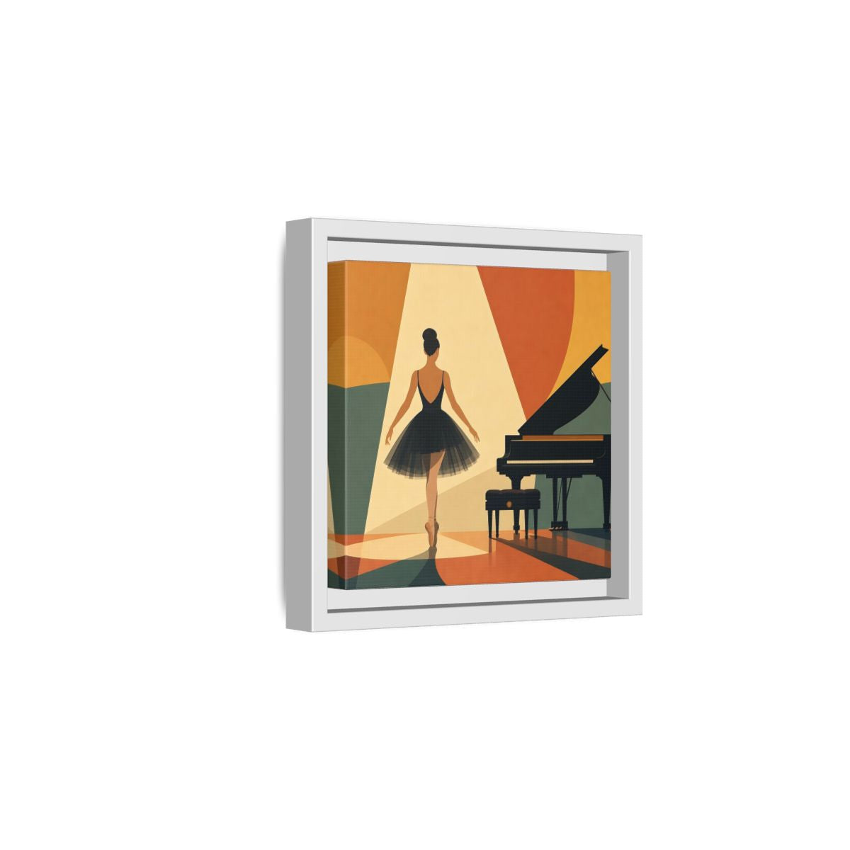 Side Mockup 1. Vintage Ballerina Orange Blue Ballerina shown as framed canvas print