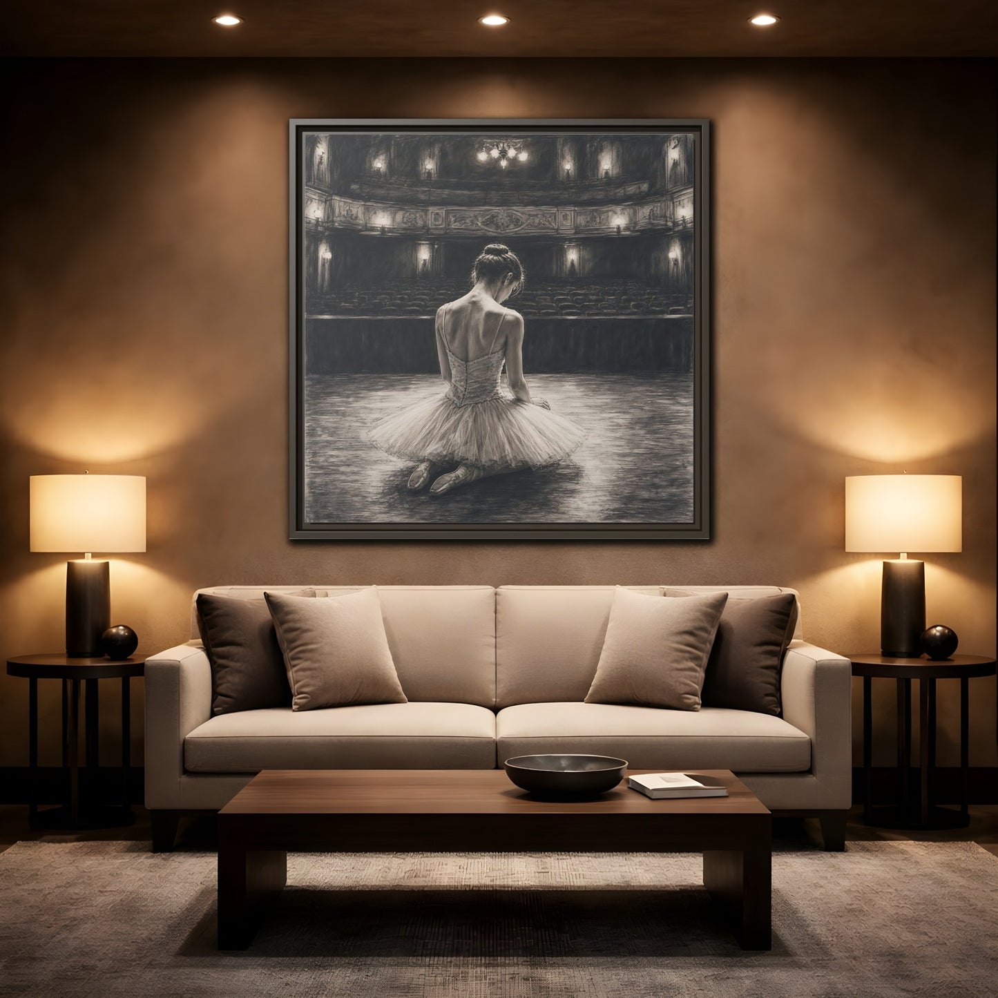 Mockup 2. Vintage Ballerina Sepia Ballerina shown as framed canvas print