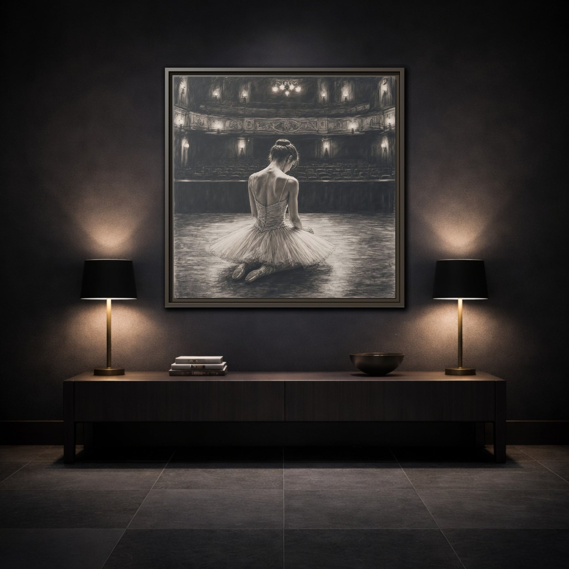 Mockup 3. Vintage Ballerina Sepia Ballerina shown as framed canvas print