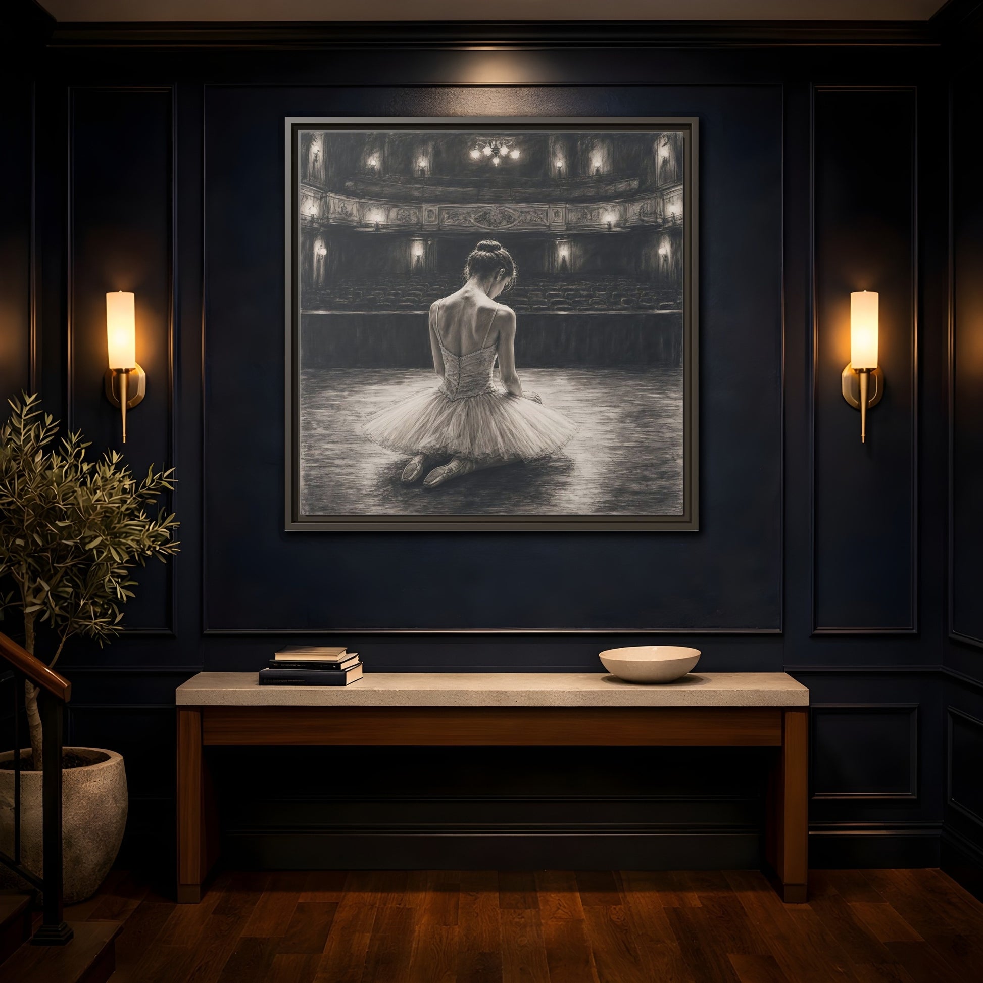 Mockup 4. Vintage Ballerina Sepia Ballerina shown as framed canvas print