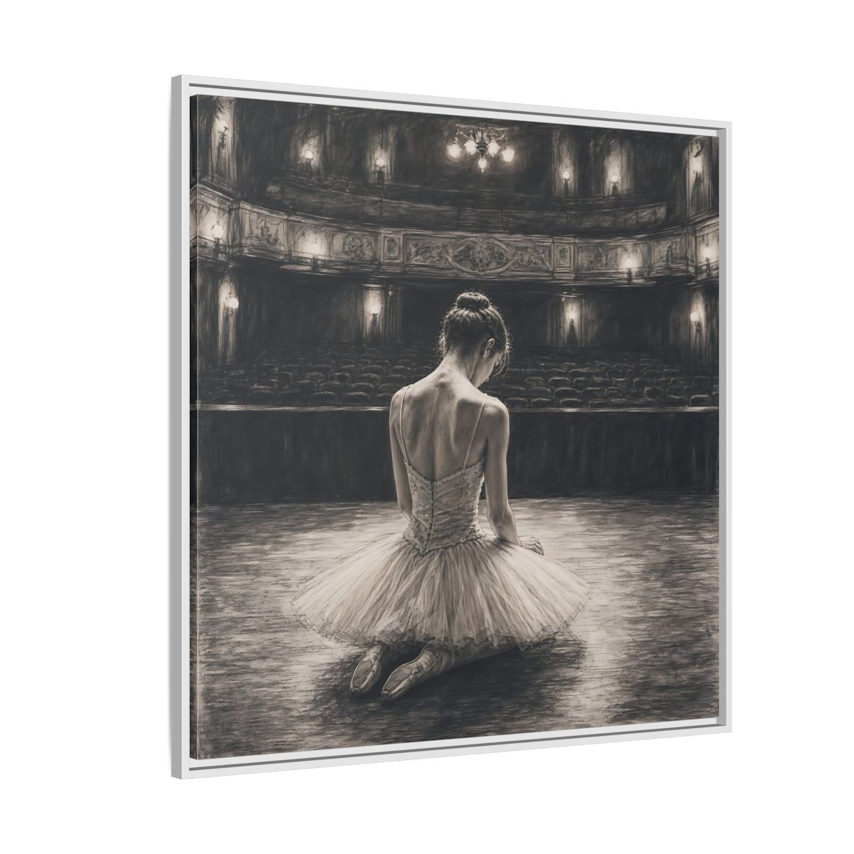 Side Mockup 4. Vintage Ballerina Sepia Ballerina shown as framed canvas print
