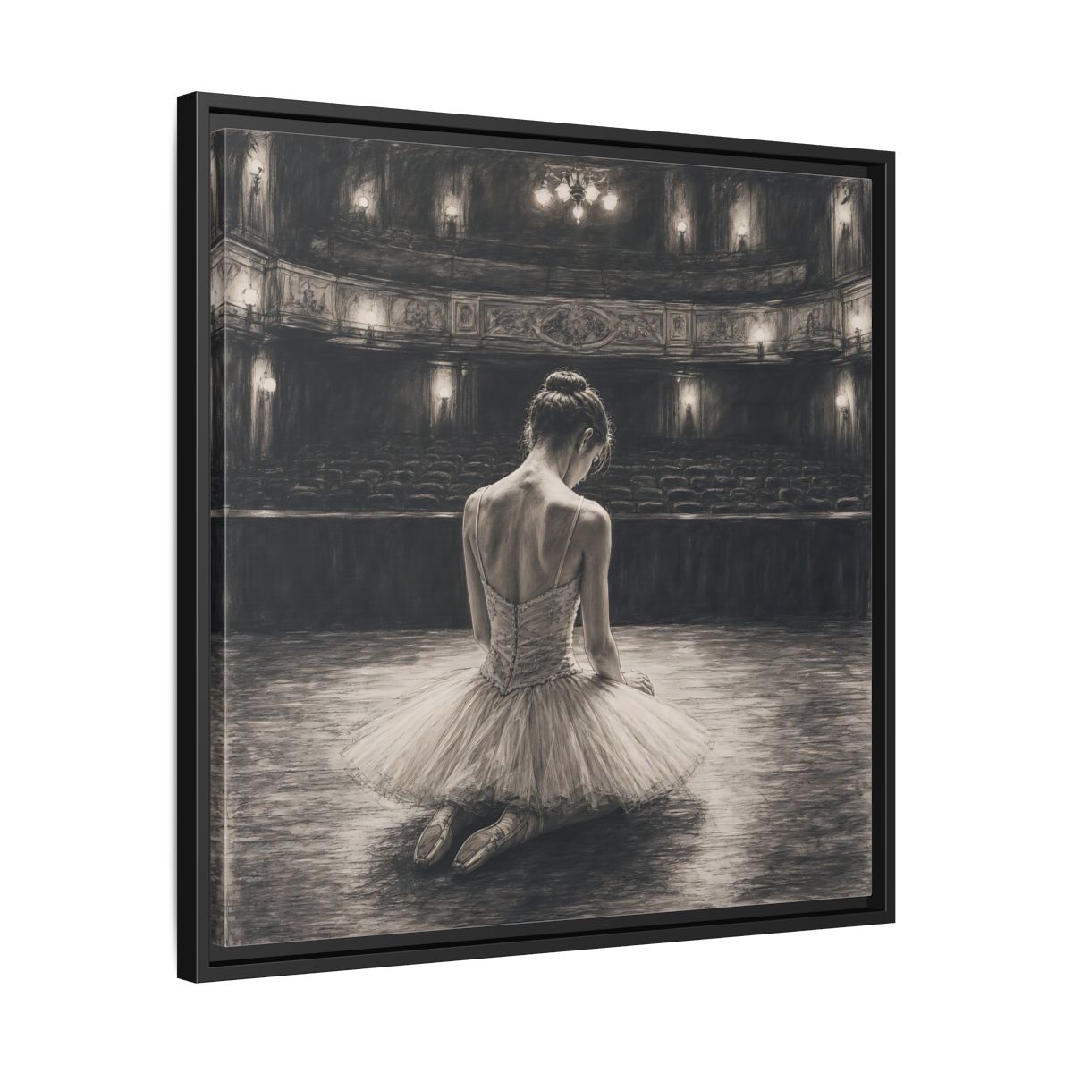 Side Mockup 31. Vintage Ballerina Sepia Ballerina shown as framed canvas print