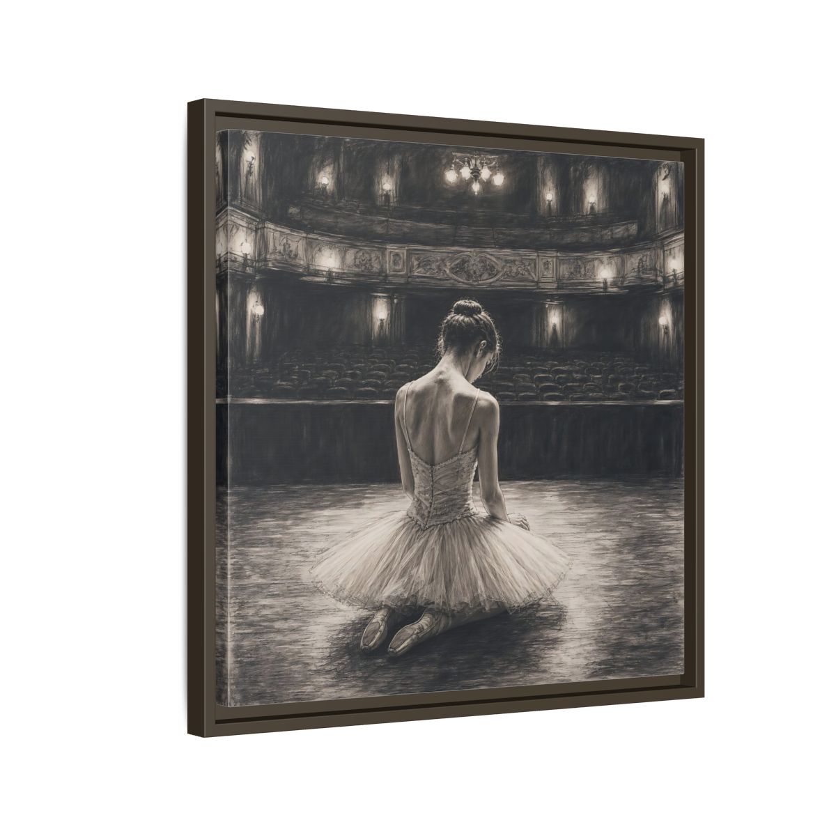 Side Mockup 11. Vintage Ballerina Sepia Ballerina shown as framed canvas print