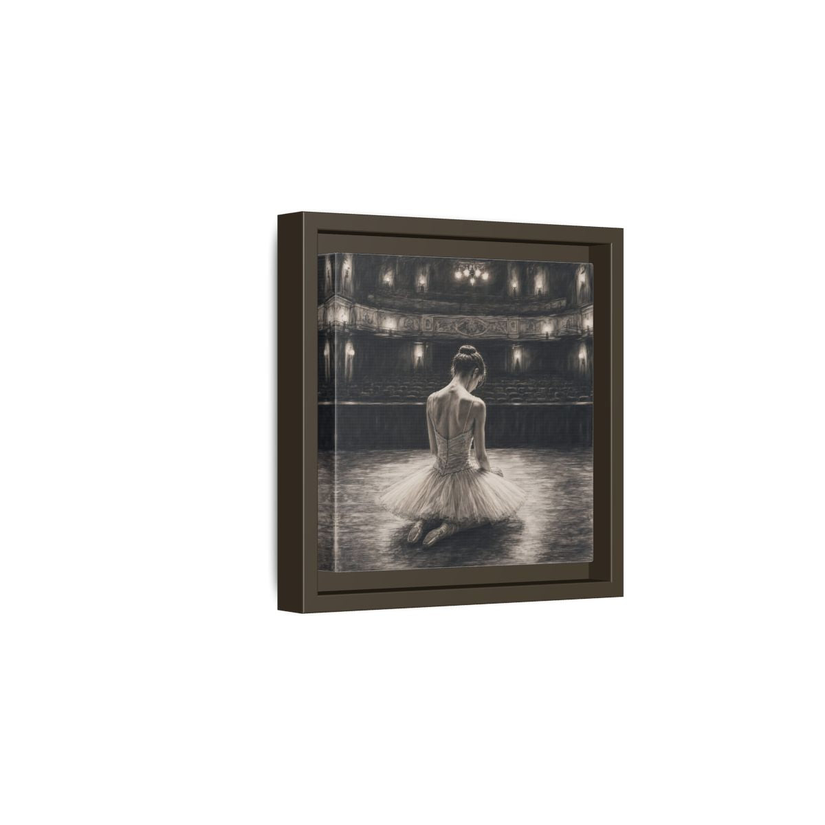 Side Mockup 2. Vintage Ballerina Sepia Ballerina shown as framed canvas print