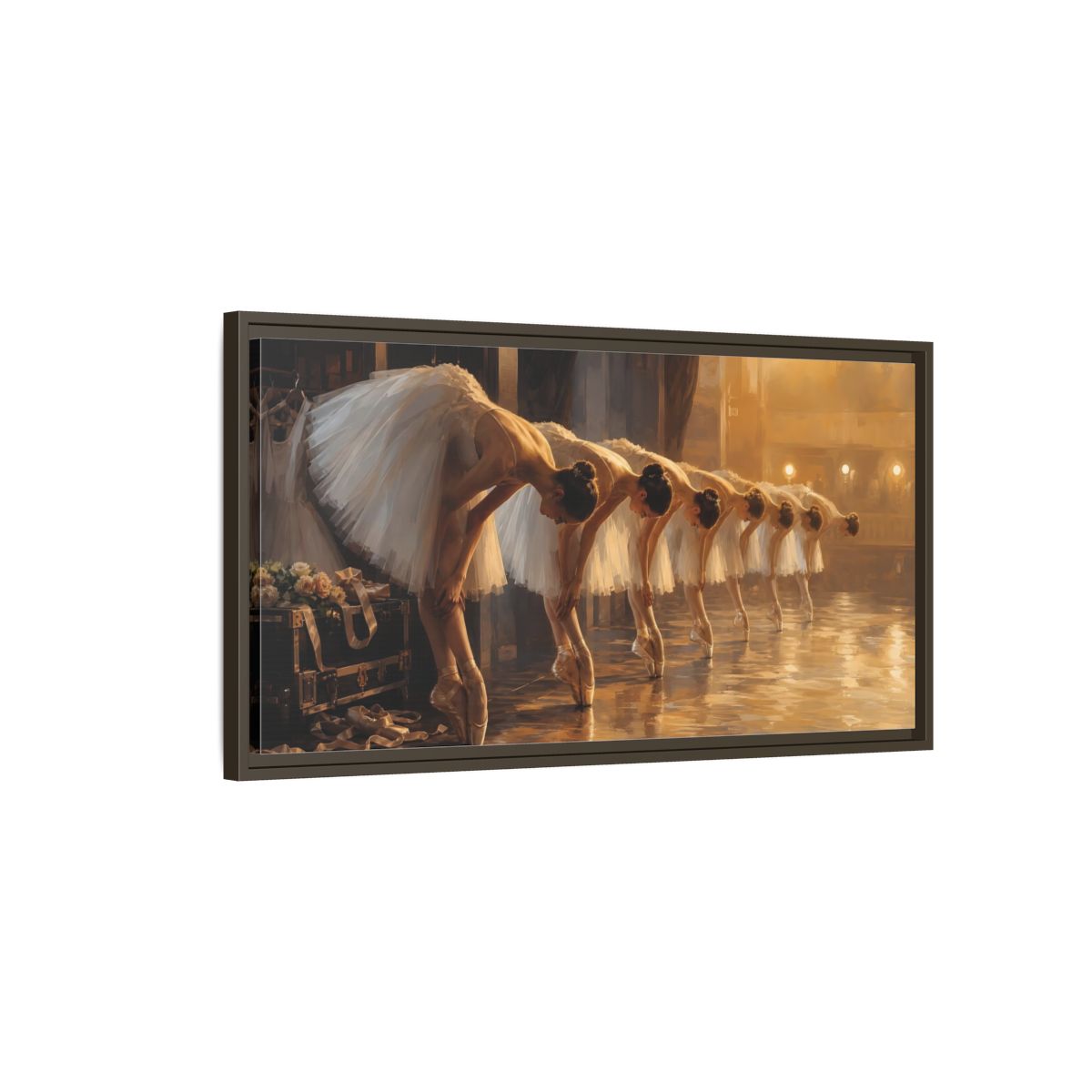 Main Mockup. Vintage Ballerinas Ballerinas Gold shown as framed canvas print