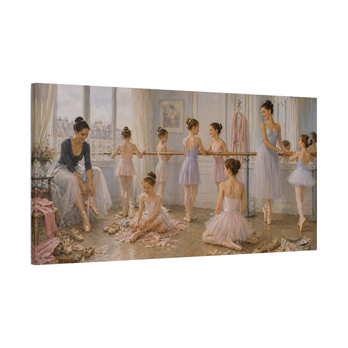 Main Mockup. Vintage Ballerinas Ballet Studio Pink shown as canvas print