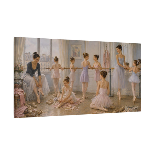 Main Mockup. Vintage Ballerinas Ballet Studio Pink shown as canvas print
