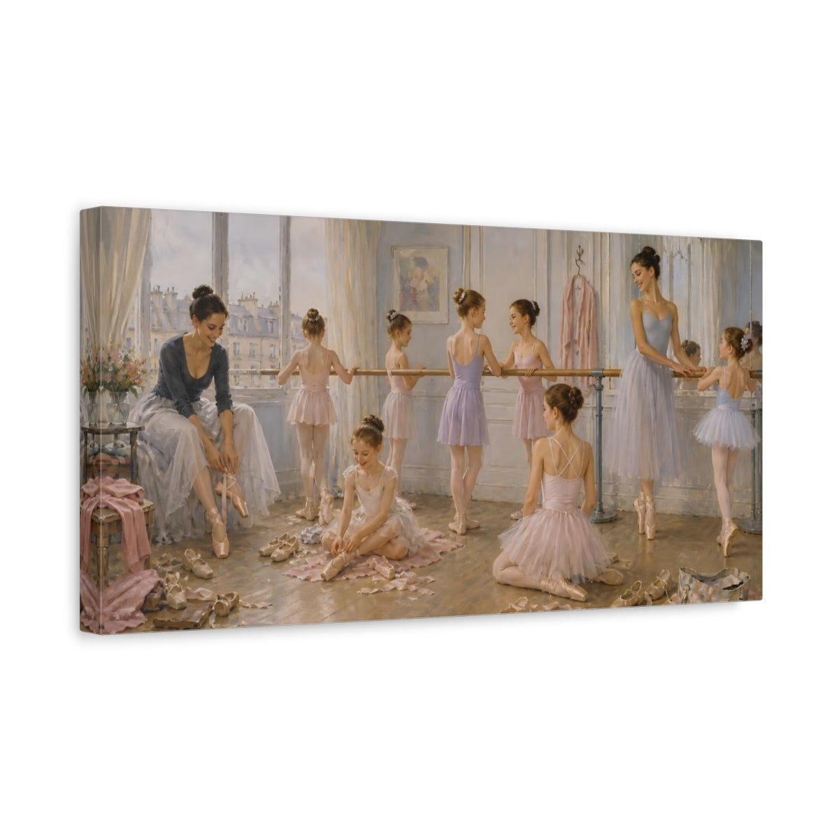 Side Mockup 3. Vintage Ballerinas Ballet Studio Pink shown as canvas print